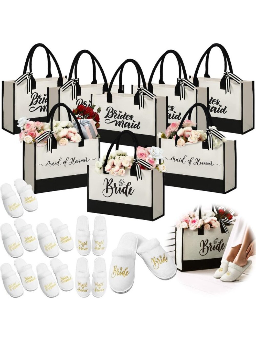 Bridesmaid Gift Tote Bags & Wedding Slippers Set - 16 Pcs for Bridal Party